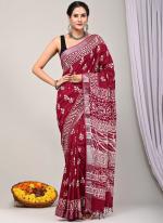 Pure Linen Cotton Maroon Casual Wear Pure Hand Work Saree